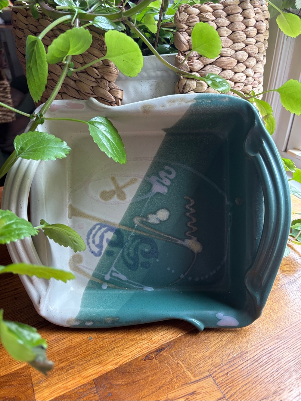 Popcorn Pottery Two-Tone Serving Dish in Teal, Pink, lavender and Cream